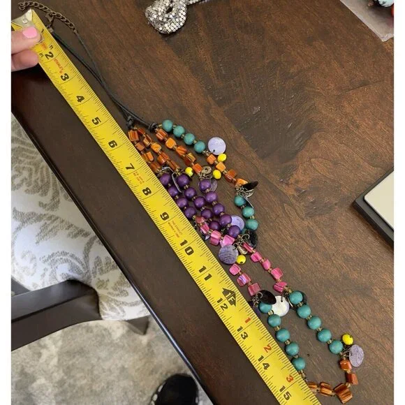 Vintage Double Strand Statement Necklace Boho Wood Bead Shells Jewels Multicolor - Picture 5 of 5
